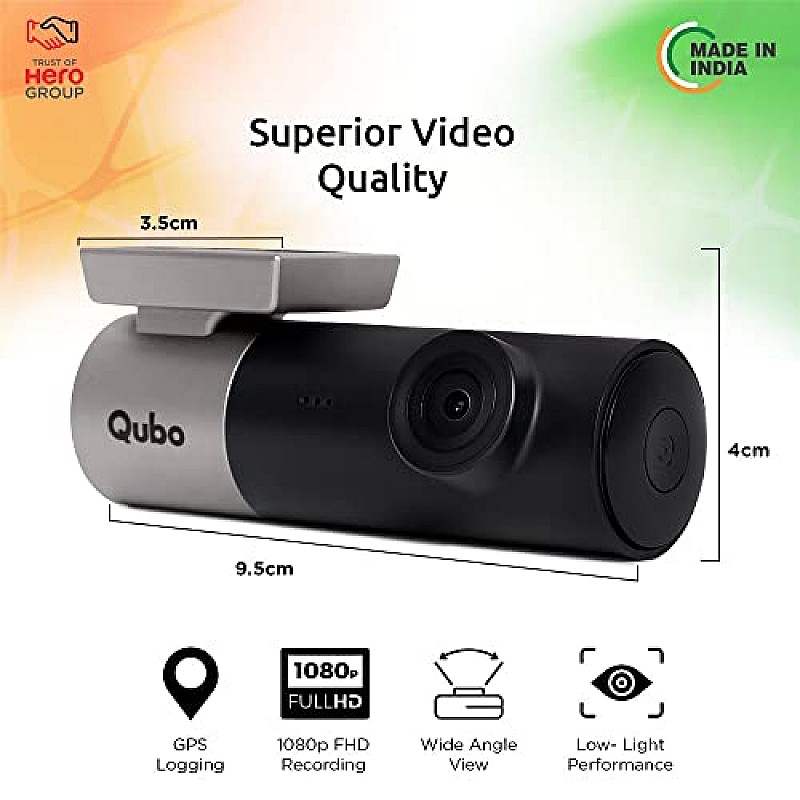 Qubo Car Dash Camera Pro (with GPS) Full HD 1080p Wide Angle View G-Sensor WiFi Emergency Recording Upto 256GB SD Card Supported