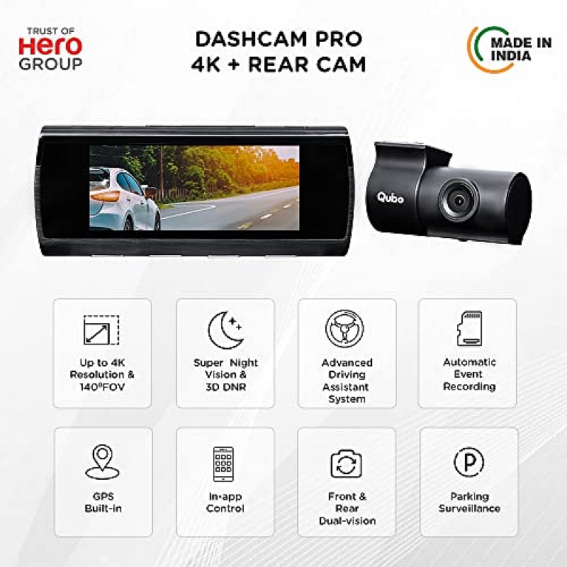 Qubo Car Dash Camera Pro (with GPS) Full HD 1080p Wide Angle View G-Sensor WiFi Emergency Recording Upto 256GB SD Card Supported