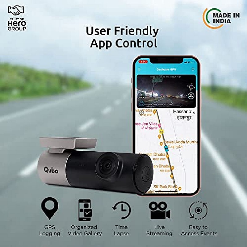 Qubo Car Dash Camera Pro (with GPS) Full HD 1080p Wide Angle View G-Sensor WiFi Emergency Recording Upto 256GB SD Card Supported