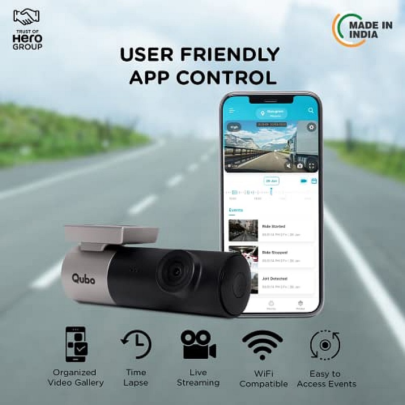 Qubo Car Dash Camera Pro (with GPS) Full HD 1080p Wide Angle View G-Sensor WiFi Emergency Recording Upto 256GB SD Card Supported