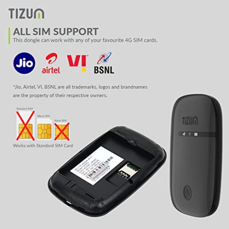 Tizum 4G Fast LTE Wireless Single Band Dongle with All SIM Network Support, Plug And Play Black