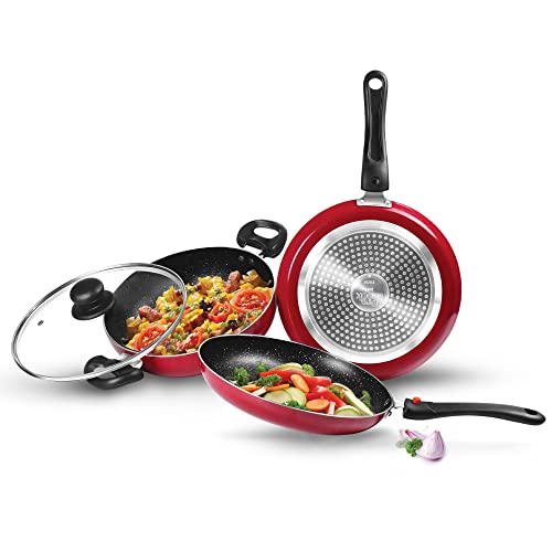 Milton Pro Cook Kitchen Jewel Set of 3 Fry pan 24 cm Kadhai 24 cm Glass lid & Tawa Maroon Milton Pro Cook Kitchen Jewel Set of 3 Fry pan 24 cm Kadhai 24 cm Glass lid & Tawa Maroon