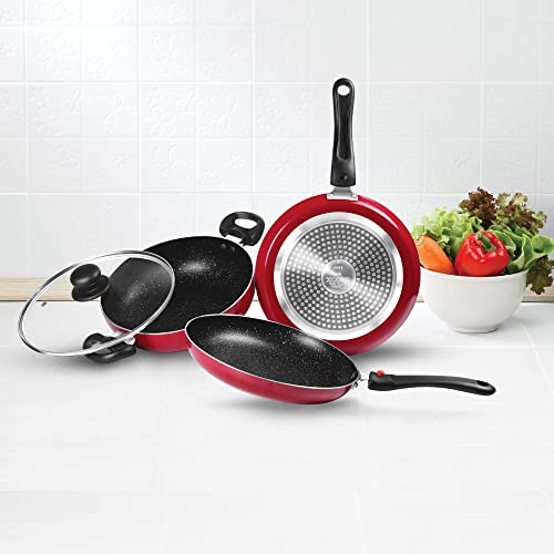 Milton Pro Cook Kitchen Jewel Set of 3 Fry pan 24 cm Kadhai 24 cm Glass lid & Tawa Maroon Milton Pro Cook Kitchen Jewel Set of 3 Fry pan 24 cm Kadhai 24 cm Glass lid & Tawa Maroon
