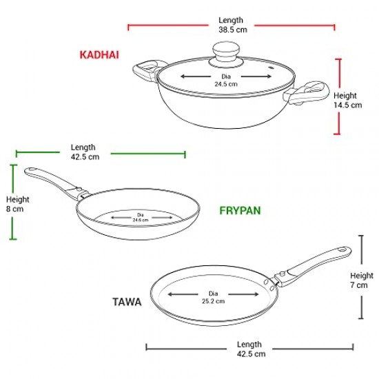 Milton Pro Cook Kitchen Jewel Set of 3 Fry pan 24 cm Kadhai 24 cm Glass lid & Tawa Maroon