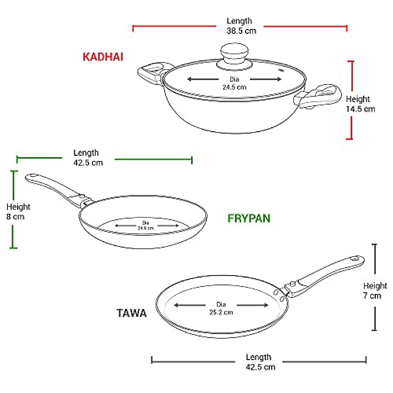 Milton Pro Cook Kitchen Jewel Set of 3 Fry pan 24 cm Kadhai 24 cm Glass lid & Tawa Maroon