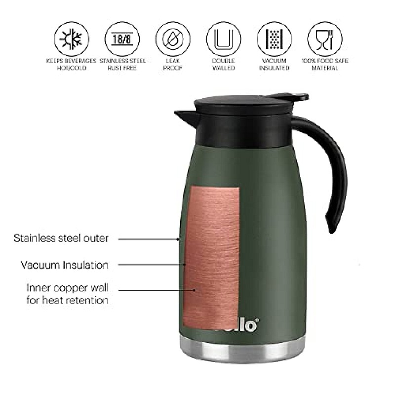 Cello Duro Pot Hot and Cold Flask Vacuum Insulated Teapot  Durable DTP Coating Vacuum Insulated Bottle 1100ml, Green