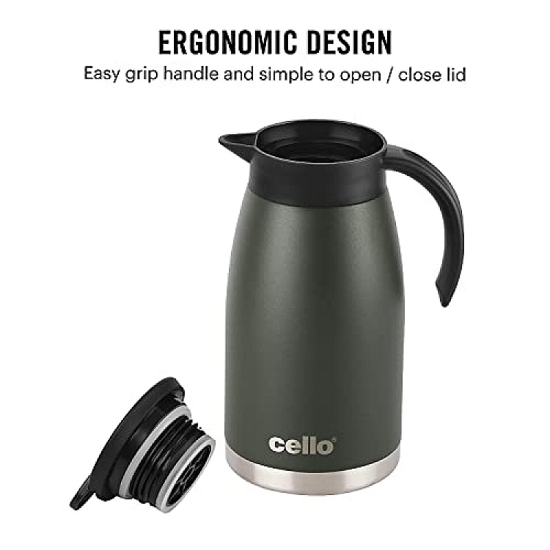 Cello Duro Pot Hot and Cold Flask Vacuum Insulated Teapot  Durable DTP Coating Vacuum Insulated Bottle 1100ml, Green