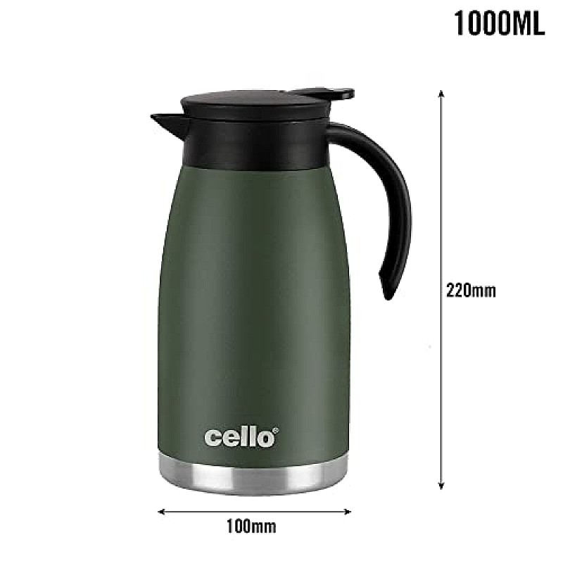 Cello Duro Pot Hot and Cold Flask Vacuum Insulated Teapot  Durable DTP Coating Vacuum Insulated Bottle 1100ml, Green