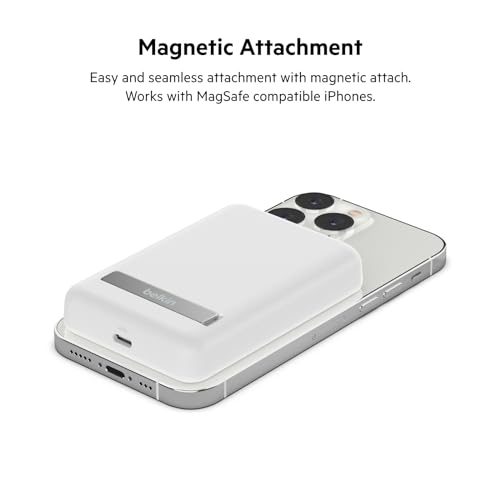 Belkin 5000 mAh Magnetic MagSafe Compatible Wireless Power Bank with Stand, Sleek Design for iPhone 15, 14, 13 and 12 Series, White Belkin 5000 mAh Magnetic MagSafe Compatible Wireless Power Bank with Stand, Sleek Design for iPhone 15, 14, 13 and 12 Series, White