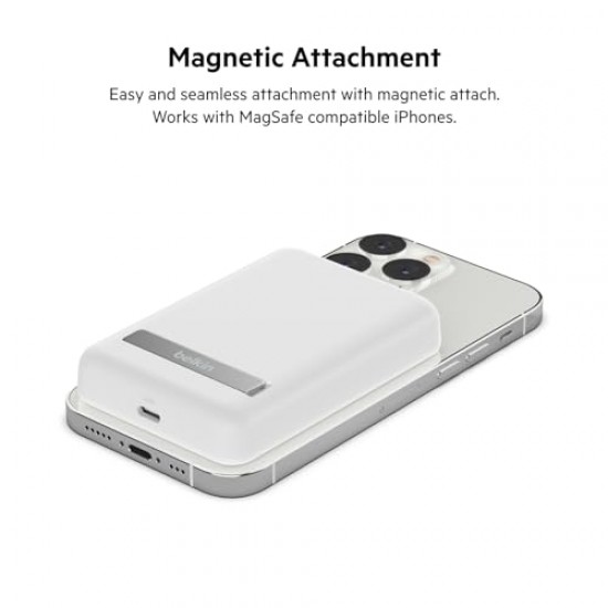 Belkin 5000 mAh Magnetic MagSafe Compatible Wireless Power Bank with Stand, Sleek Design for iPhone 15, 14, 13 and 12 Series, White