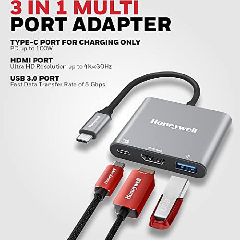 Honeywell High-Speed 3-in-1 Type C to HDMI Adapter, PD Charging Upto100W, USB3.0 Delivers Quick Transfer Speed of 5GBPS, UHD 4K@30Hz