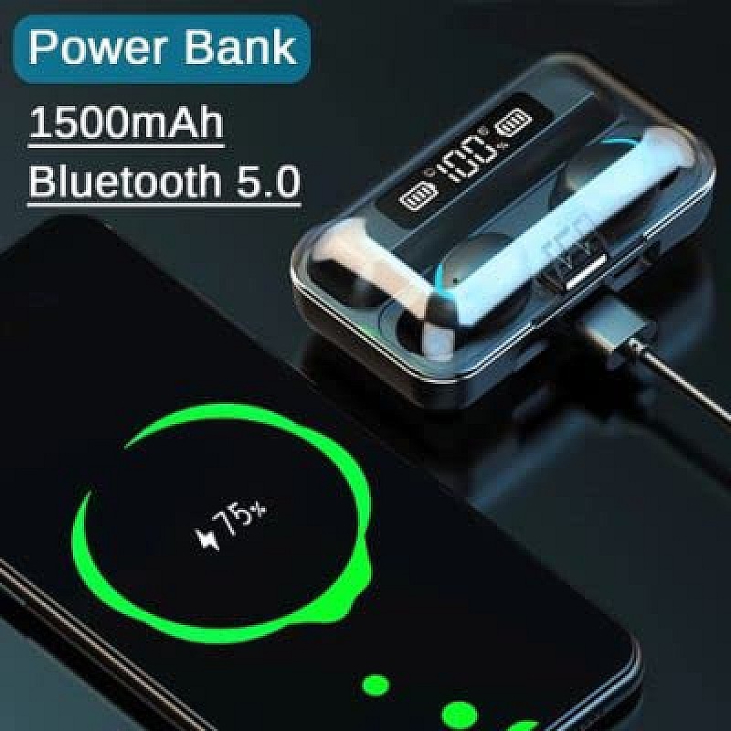 AIRTREE T2 TWS 5.0 Bluetooth In Ear Earphone Power Bank with led Display Earbuds Compatible for All Smartphone (Black)