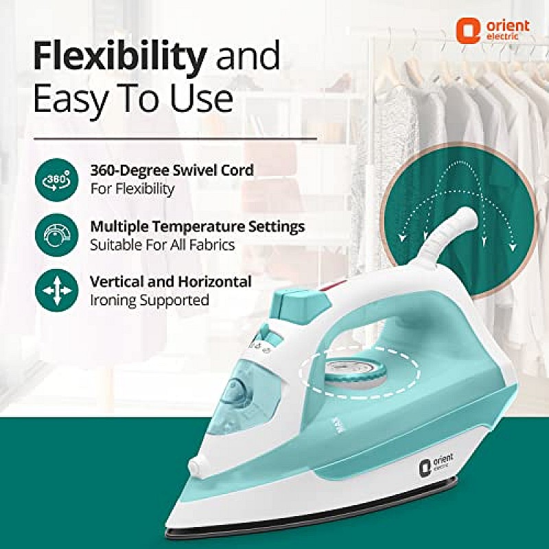 Orient Electric Fabrifeel 2000W Steam iron (Press) Non-stick Soleplate 360-degree swivel cord