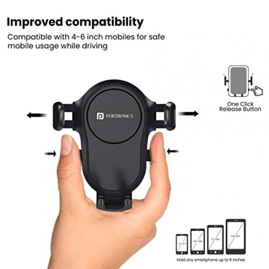 Portronics Clamp Y Adjustable Air Vent Mobile Holder for Car with 360° Rotational, One Click Release Button Black)