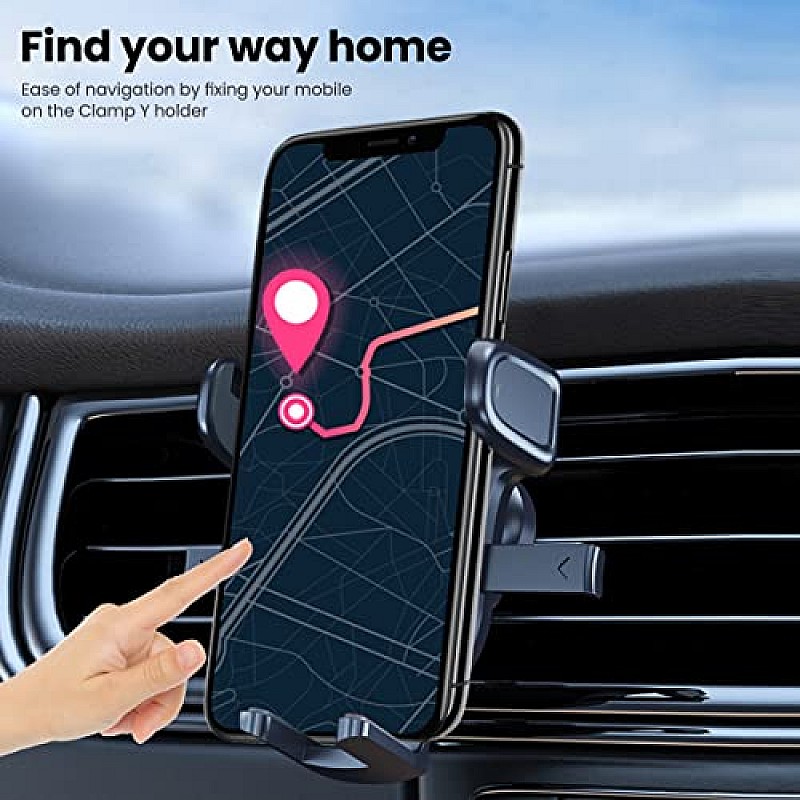 Portronics Clamp Y Adjustable Air Vent Mobile Holder for Car with 360° Rotational, One Click Release Button Black)