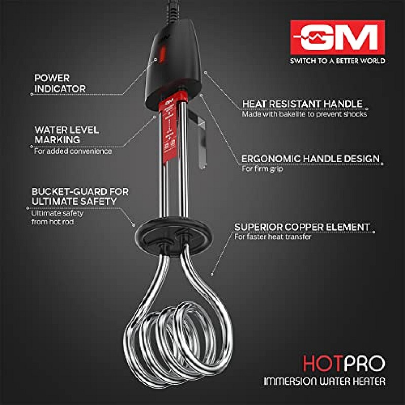 GM Immersion Rod Water Heater with Bucket Guard 1000W 16 AMP Plug Superior ISI Certified 