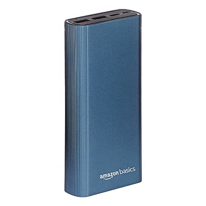 Amazon Basics 20000 Mah Lithium Polymer 22.5W Fast Charging Power Bank Triple Output Type C 2 USB Dual Input Metallic Blue