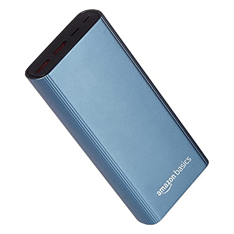 Amazon Basics 20000 Mah Lithium Polymer 22.5W Fast Charging Power Bank Triple Output Type C 2 USB Dual Input Metallic Blue