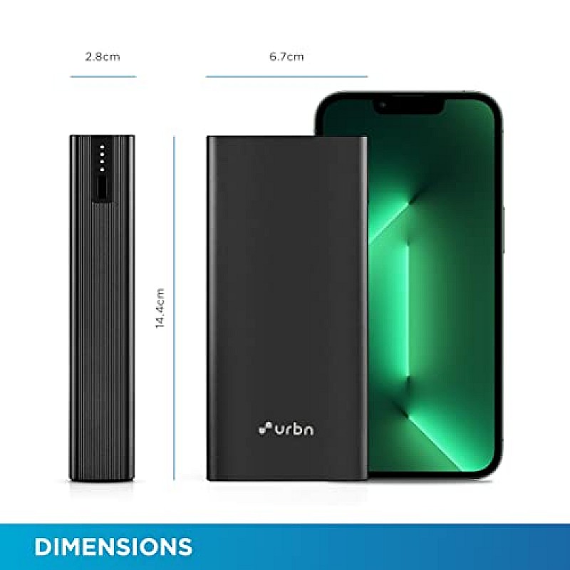 URBN 20000 mAh 12W Fast Charging Metal Power Bank Dual USB Output Micro & Type C Input Safe Charging Type C Cable Included -Black