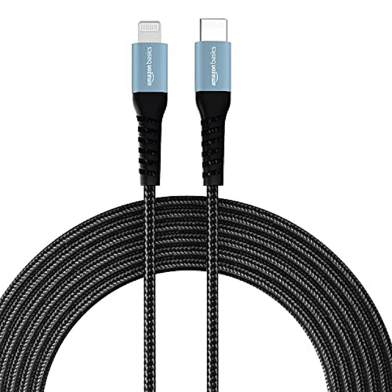 amazon basics Usb C To Lightning Aluminum With Nylon Braided Mfi Certified Charging Cable (Grey, 2 Meter) Black