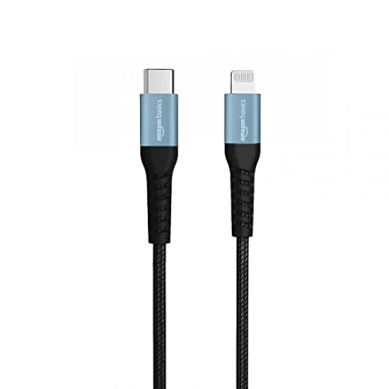 amazon basics Usb C To Lightning Aluminum With Nylon Braided Mfi Certified Charging Cable (Grey, 2 Meter) Black