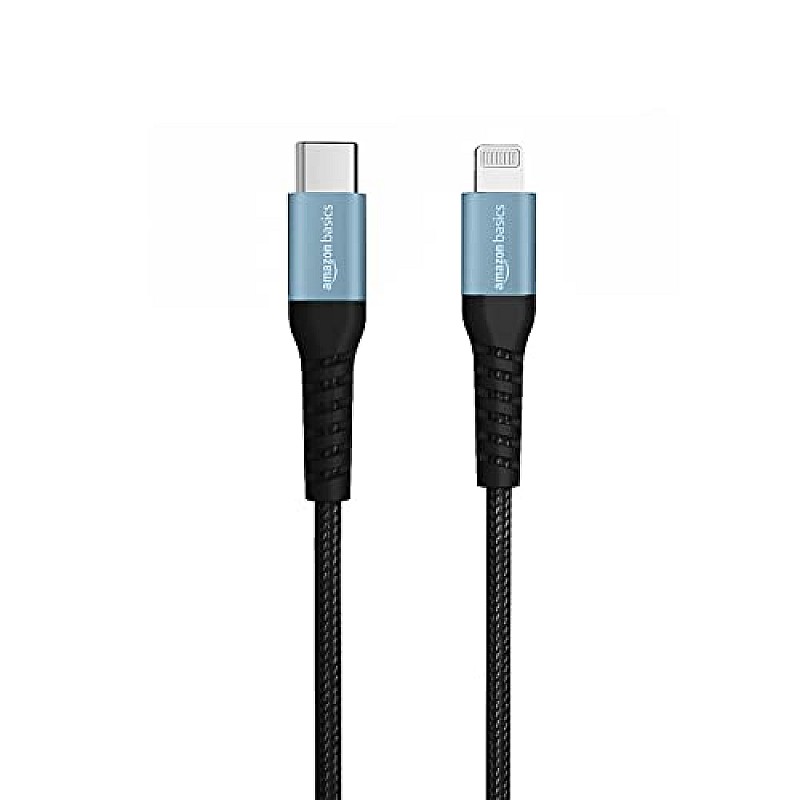 amazon basics Usb C To Lightning Aluminum With Nylon Braided Mfi Certified Charging Cable (Grey, 2 Meter) Black