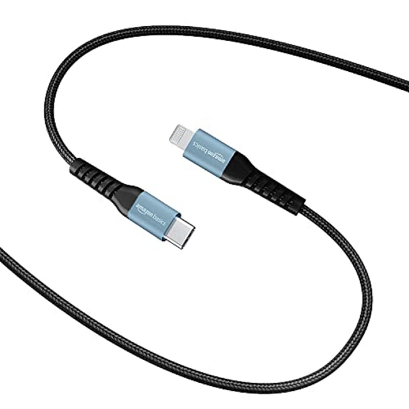 amazon basics Usb C To Lightning Aluminum With Nylon Braided Mfi Certified Charging Cable (Grey, 2 Meter) Black