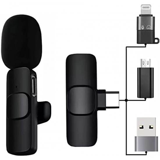 AIRTREE K8 Wireless Microphone Plug & Play Type C, iPhone , Micro USB, USB normal PC ports Collar Mic For phone BLACK 