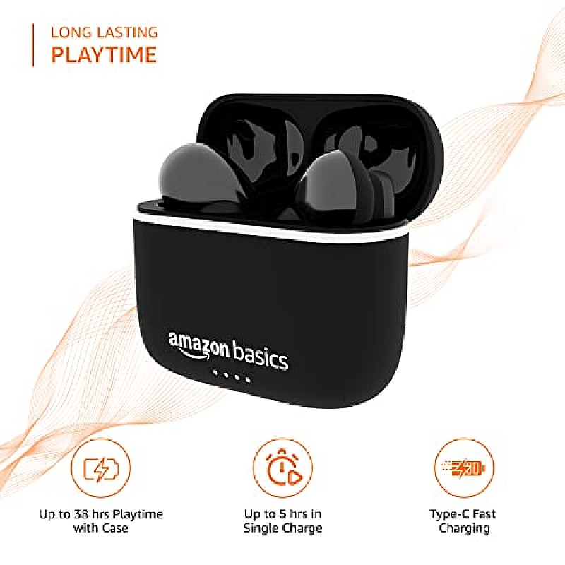 Amazon Basics Bluetooth 5.0 Truly Wireless in Ear Earbuds with mic, Up to 38 Hours Playtime, IPX-5 Rated, Type-C Charging Case, Touch Controls, Voice Asst Black