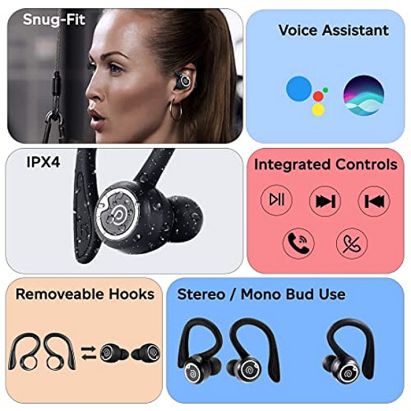 pTron Bassbuds Sports V2 Bluetooth 5.3 Headphone with Mic, Earhooks, 48Hrs Playtime