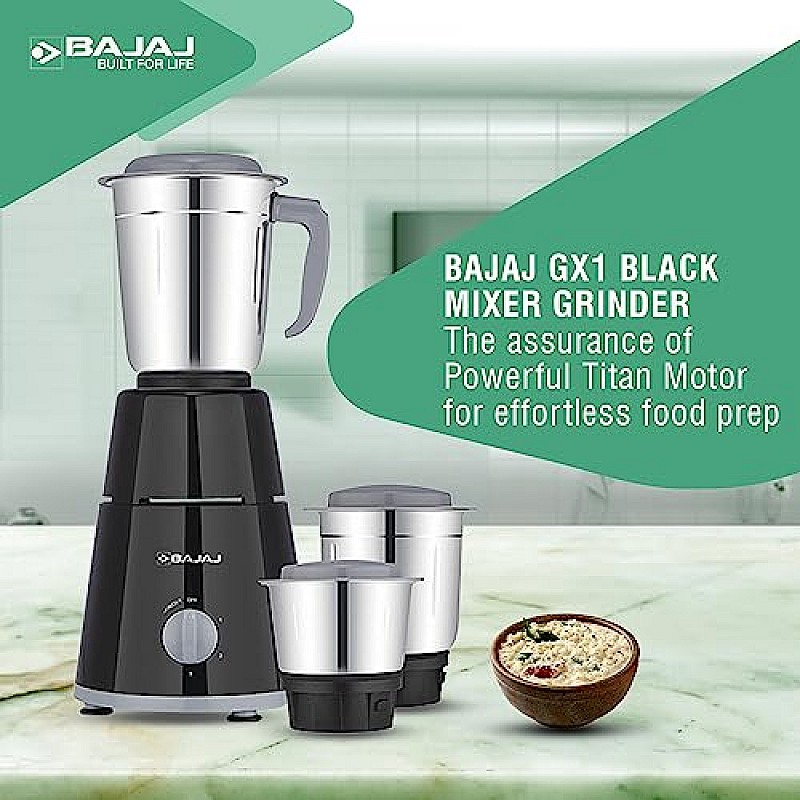 Bajaj GX-1 Mixer Grinder 500W Superior Mixie For Kitchen 2-in-1 for Dry Grinding Blade Function With Titan Motor Black