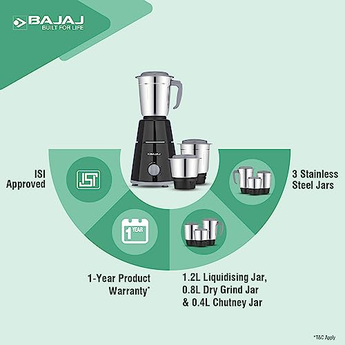 Bajaj GX-1 Mixer Grinder 500W Superior Mixie For Kitchen 2-in-1 for Dry Grinding Blade Function With Titan Motor Black Bajaj GX-1 Mixer Grinder 500W Superior Mixie For Kitchen 2-in-1 for Dry Grinding Blade Function With Titan Motor Black
