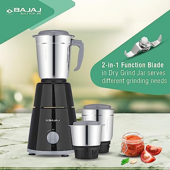 Bajaj GX-1 Mixer Grinder 500W Superior Mixie For Kitchen 2-in-1 for Dry Grinding Blade Function With Titan Motor Black