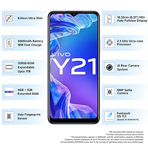 Vivo Y21 (2021) (Midnight Blue, 4GB RAM, 128GB Storage) Refurbished