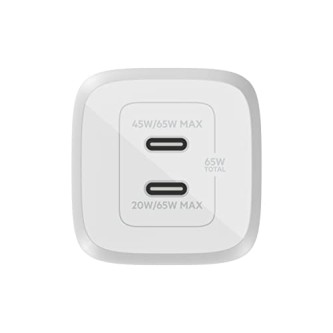 Belkin 65W GaN Dual USB-C (Type C) PD 3.0 Fast Charger with Pps Technology, Compact Size for iPhone 15, 14, 13, 12,- White Belkin 65W GaN Dual USB-C (Type C) PD 3.0 Fast Charger with Pps Technology, Compact Size for iPhone 15, 14, 13, 12,- White