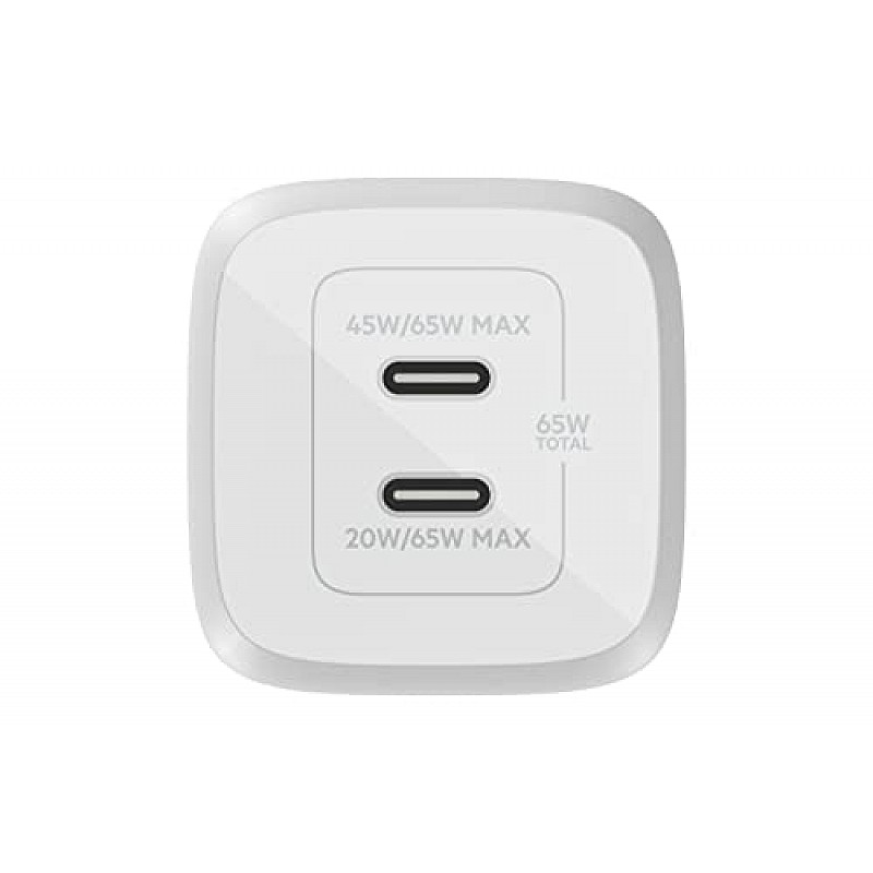 Belkin 65W GaN Dual USB-C (Type C) PD 3.0 Fast Charger with Pps Technology, Compact Size for iPhone 15, 14, 13, 12,- White