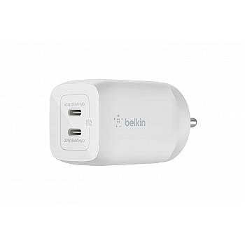 Belkin 65W GaN Dual USB-C (Type C) PD 3.0 Fast Charger with Pps Technology, Compact Size for iPhone 15, 14, 13, 12,- White