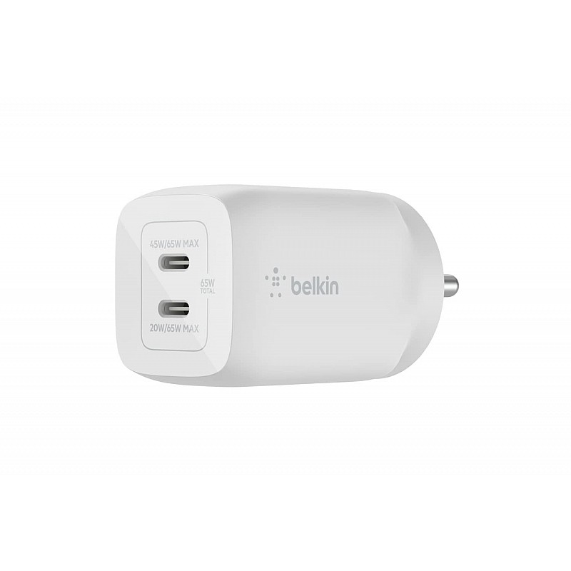 Belkin 65W GaN Dual USB-C (Type C) PD 3.0 Fast Charger with Pps Technology, Compact Size for iPhone 15, 14, 13, 12,- White