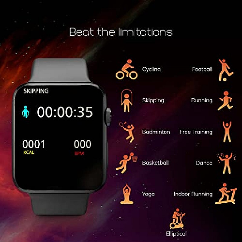 WRISTIO 2 Smartwatch, 1.9" Industry-Leading HD Display, BT Calling, Upto 30 Days Standby Time, Wireless Charging, Rotating Crown, Split Screen, Water Resistant, AI-Enabled Health Monitor, Black