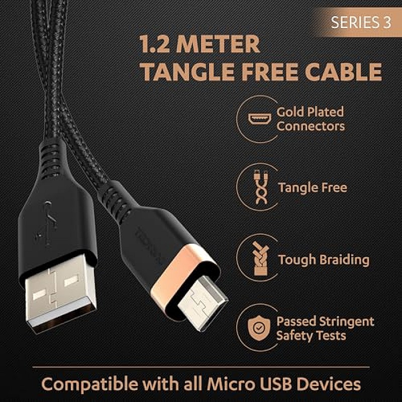 Duracell USB A to Micro Cables, 2A Braided Sync & Quick Charging Cable, 3.9 Feet (1.2M) Series 1 Black