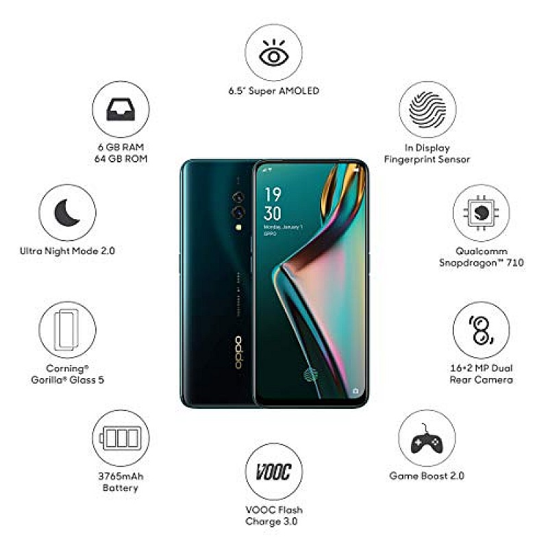 OPPO K3(Jade Black, 6GB RAM, AMOLED Display, 64GB Storage, 3765mAH Battery) Refurbished