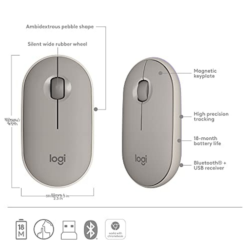 Logitech Pebble Wireless Mouse with Bluetooth or 2.4 GHz Receiver, Silent, Slim Computer Mouse  Sand