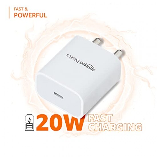 Amazon Basics 20 Watts Phone Charger for Type C Adapter with Charging Without Cable Easy to Carry(White)