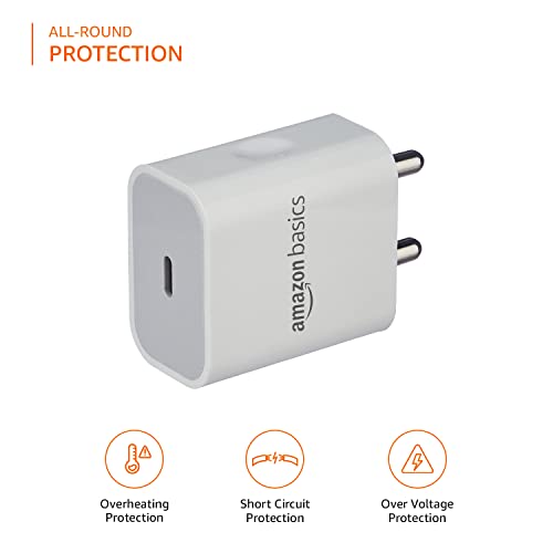 Amazon Basics 20 Watts Phone Charger for Type C Adapter with Charging Without Cable Easy to Carry(White) Amazon Basics 20 Watts Phone Charger for Type C Adapter with Charging Without Cable Easy to Carry(White)