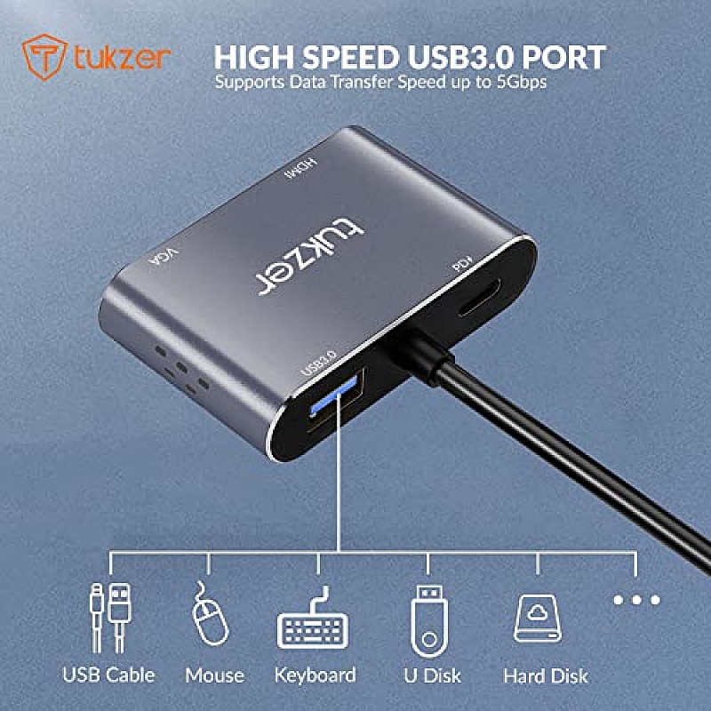 Tukzer 4-in-1 Type-C Hub to HDMI 4K 30Hz, VGA 1080P 60Hz, USB 3.0 Data, 100W PD, MultiPort Adapter