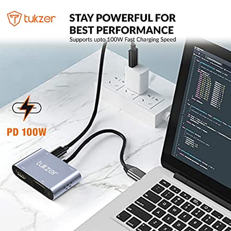 Tukzer 4-in-1 Type-C Hub to HDMI 4K 30Hz, VGA 1080P 60Hz, USB 3.0 Data, 100W PD, MultiPort Adapter