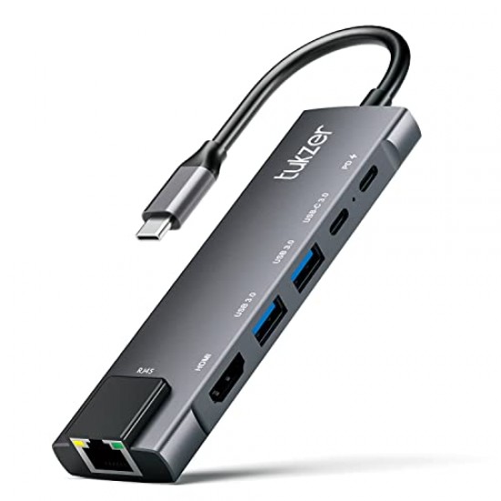 Tukzer 6-in-1 Type-C Hub to HDMI 4K@30Hz, 2 USB 3.0 Data, USB-C 3.0 Data, MultiPort Adapter Compatible with MacBook Pro Air iPad, Dell
