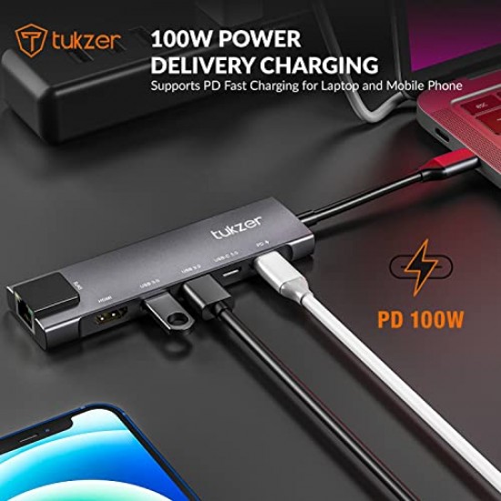 Tukzer 6-in-1 Type-C Hub to HDMI 4K@30Hz, 2 USB 3.0 Data, USB-C 3.0 Data, MultiPort Adapter Compatible with MacBook Pro Air iPad, Dell