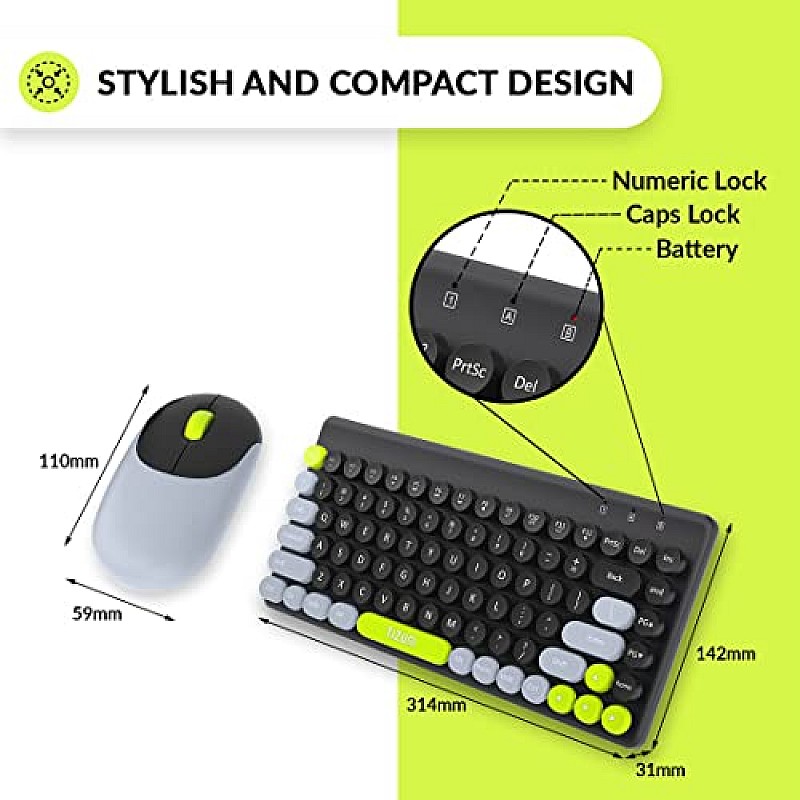 Tizum 2.4 GHz Retro Wireless Keyboard & Optical Mouse Combo with 2-in-1 Nano Receiver ,1000-DPI for MAC Windows iOS Android