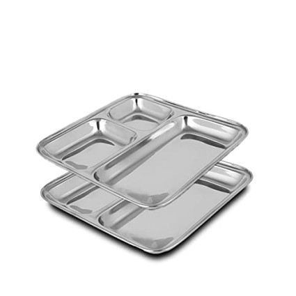 HOMETALES Stainless Steel 3 in 1 Square Pav Bhaaji Partition plate, Pack of 2 HOMETALES Stainless Steel 3 in 1 Square Pav Bhaaji Partition plate, Pack of 2